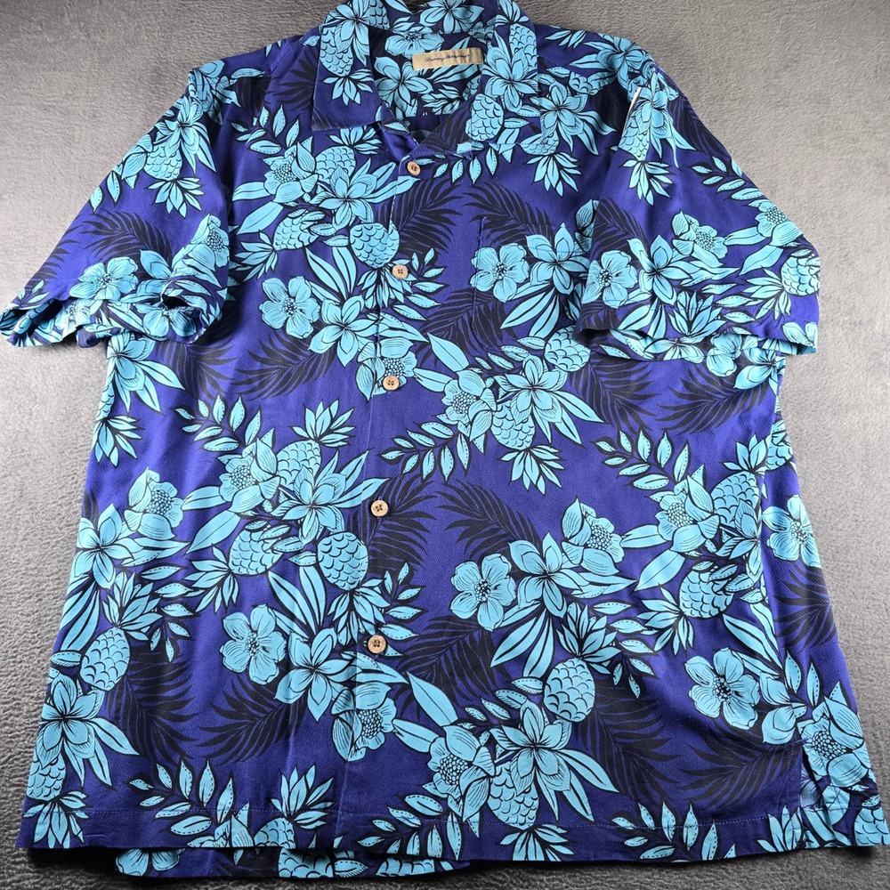 Tommy Bahama Mens XL Blue Floral Pineapple Print Short Sleeve Button Down Shirt